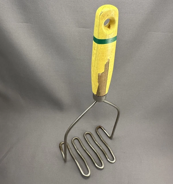 Primitive Old Yellow And Green Wood Handle Steel Potato Masher