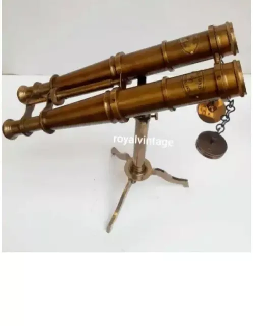 Antique Vintage Brass Binocular Desk Telescope With Tripod Nautical Table Decor