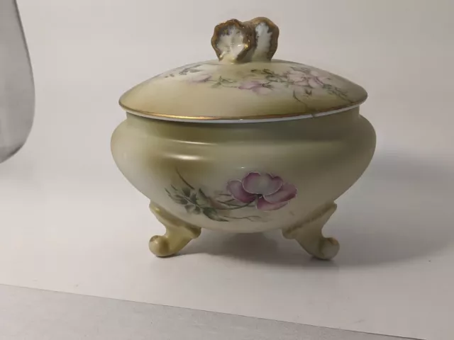 Antique Footed Hand Painted Porcelain Nippon Dresser Trinket Jewelry Powder Box