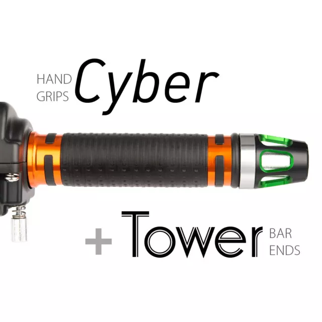 KiWAV Motorcycle Cyber Grips Orange with Tower Bar Ends Green/Silver