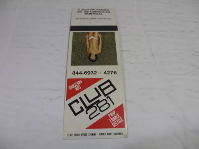 MATCHBOOK Club 281 male strip bar 281 St Catherine St E. Montreal Quebec rare