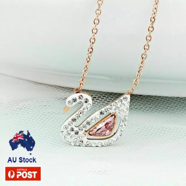 18K Gf SWAROVSKI Crystal Swan Pink Pendant Necklace Small Elegant For Gift