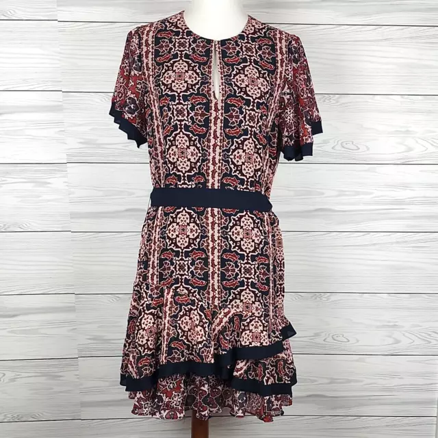 Reiss Dress Floral Waist Belt Layered Ruffled Size 6 Keyhole Brown Navy Blue