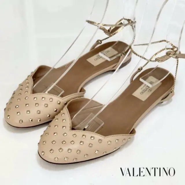 VALENTINO GARAVANI Leather Chain strap Flat Sandals 36 Beige Auth Women Used