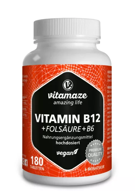 (443,78€/kg) Vitamin B12 1000 µg hochdosiert + B6 B9 180 Tabletten VEGAN