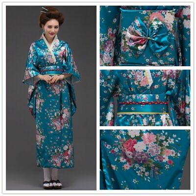 Women Floral Japanese Kimono Satin Robe Yukata Geisha Costume Show Cosplay 3