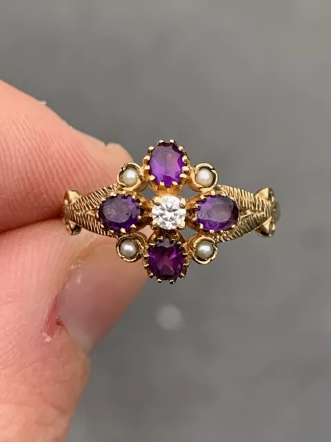 9ct Gold Diamond Amethyst Seed Pearl Victorian Style Cluster Ring, 9k 375