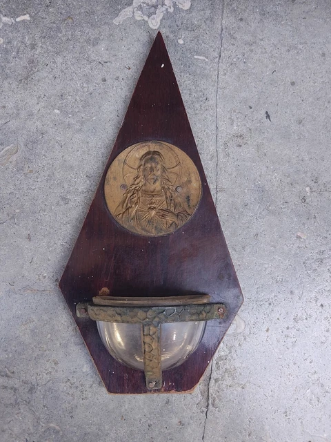 Acquasantiera  Art Decò Francia Anni 30 legno vetro e Piastra Gesù Bronzo