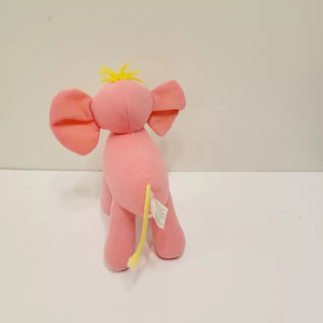 Vtg Long Trunk Nose Beady Eyes Pink Elephant Plush Stuffed Toy Yellow ears 3