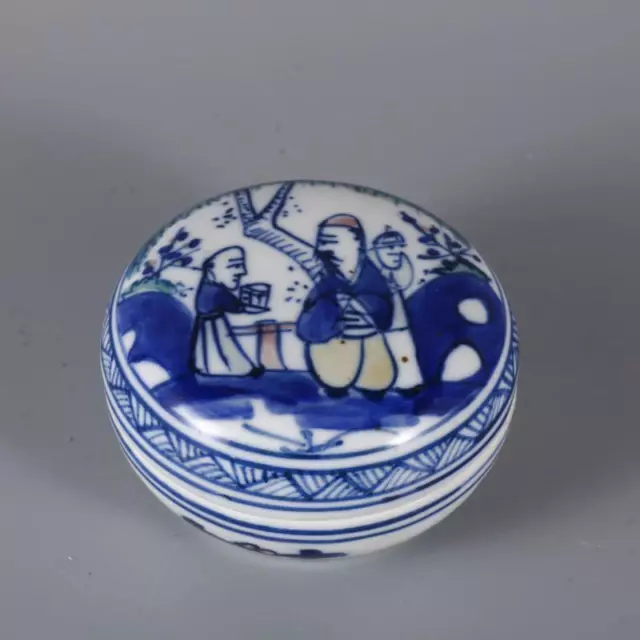 Chinese Qing Guangxu Blue and White Porcelain Red Figure Ink Box Rouge Box 3.54"