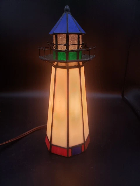 Vintage Tiffany Style Stained Glass Lighthouse Accent Table Lamp