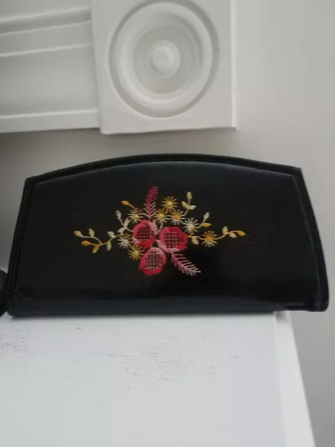 Vintage Women Embroidered Floral Black Leather Wallet Coin Purse 2090