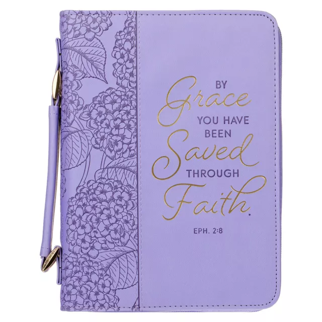 Purple Faux Leather Bible Cover: By Grace You Have Been Saved - Eph. 2:8, LG