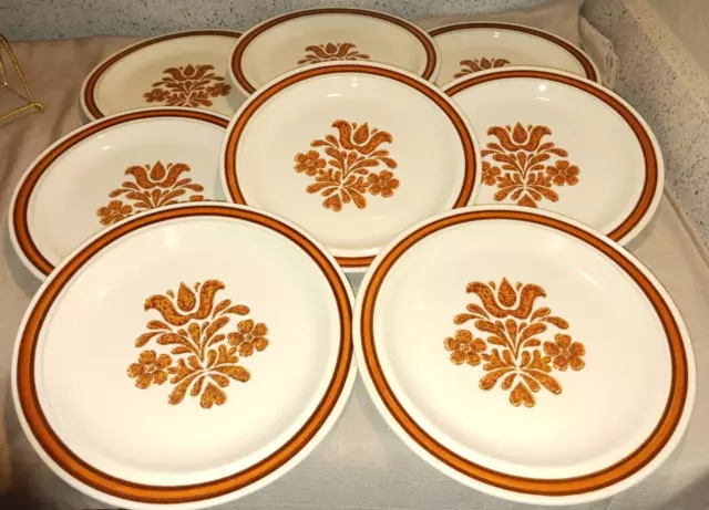 8 Homer Laughlin Chesterton 10.25" Dinner Plates Orange Brown Flowers Bands Mint