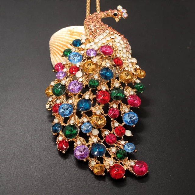 New Betsey Johnson Multicolor Peacock Cute Animal Crystal Necklace Sweater Chain