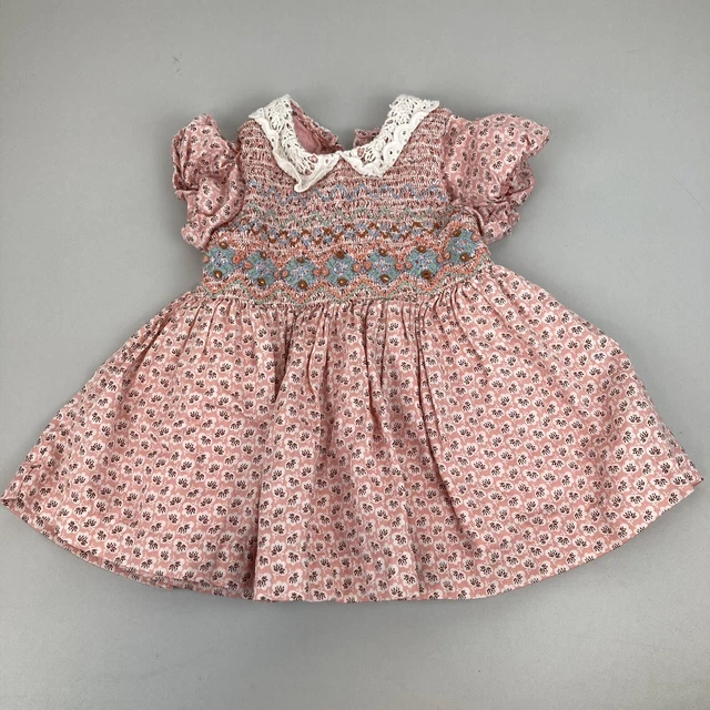 NEXT Grazioso abito smock rosa floreale carino bambine 3-6 mesi in perfette condizioni