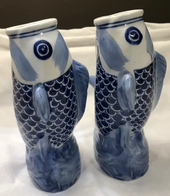 Pair Of Vtg Chinese Blue & White Porcelain Koi Fish Open Mouth Vase Rare 8” EUC