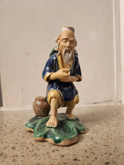 VINTAGE CHINESE FIGURINE MUD MAN Fisherman on lilypad