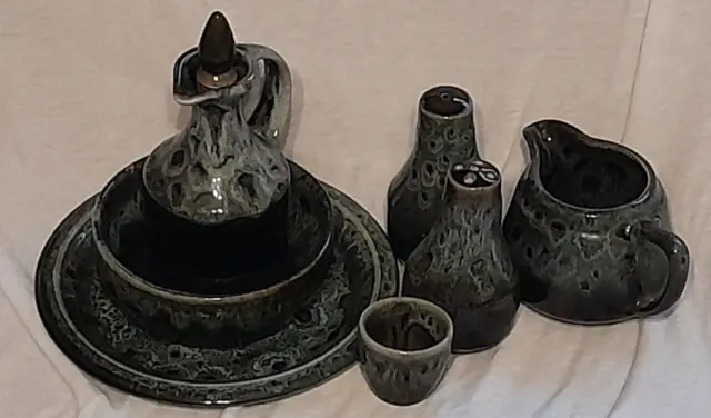 Vintage Fosters-style Studio Pottery Cornish ware Dark Green Crockery Set