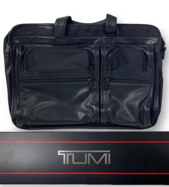 TUMI Alpha Black Soft Leather 17” Expandable Messenger Briefcase Bag + New Strap