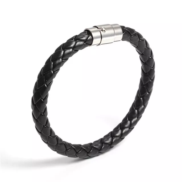 Women Men Black Leather Wristband Stainless Steel Magnetic Clasp Bracelet HFY iz