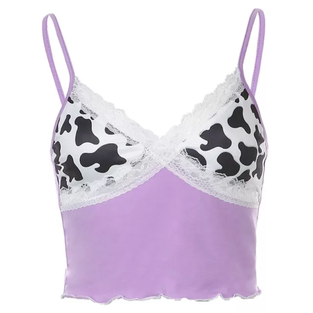 Women Sleeveless Crop Top V-Neck Lace Camisole Color Block Cow Print Vest 3