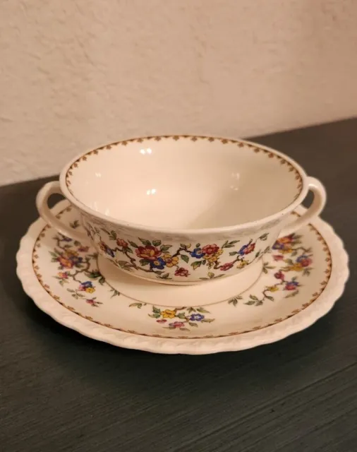 Vintage Myott Staffordshire Cup and Saucer Floral Design Double Handle
