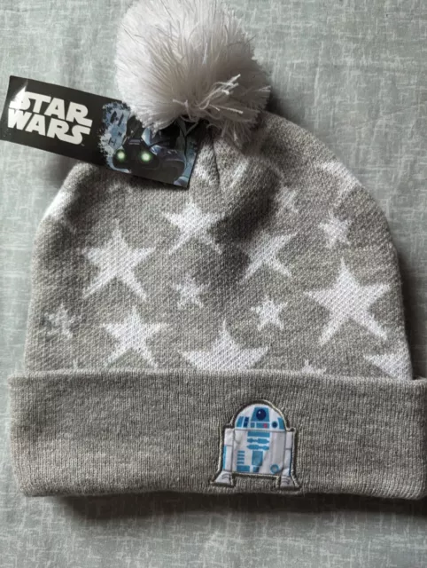 Disney Star Wars R2-D2 Sparkled Pom-Pom Beanie Hat Gray with White Stars