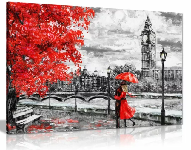 London Oil Painting Artwork Big Ben Red Umbrella Canvas Wall Art Picture Print