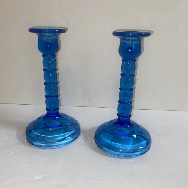 Cambridge Candlesticks Lovely RITZ Blue Glass Tall Taper 1595 Stacked Orbs Balls