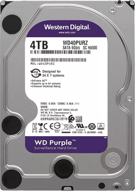 Disque Dur Western Digital Purple WD40PURZ 24/7 4TB 5400U/Min 64MB SATA 3.5'