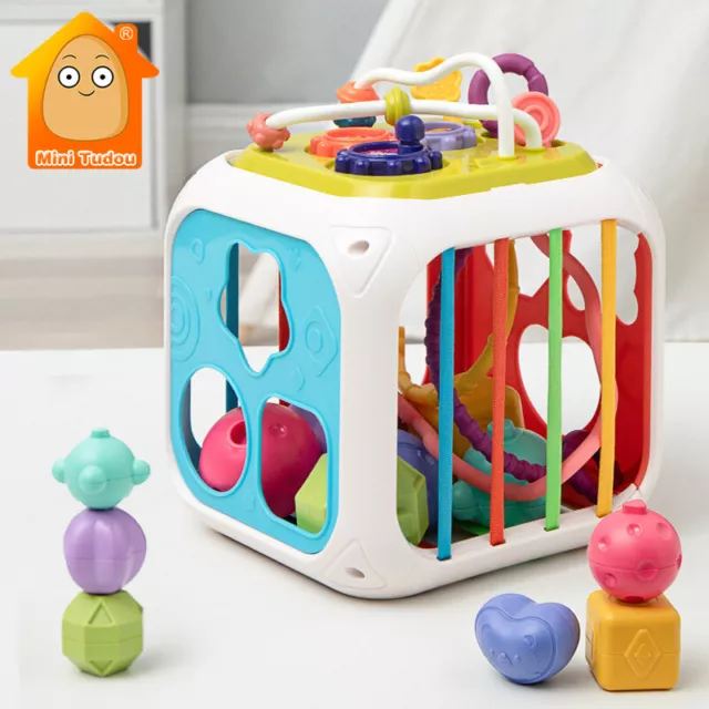 Developmental Toys Storage Cube Bin & 6 Sensory Shape Blocks Montessori Learning