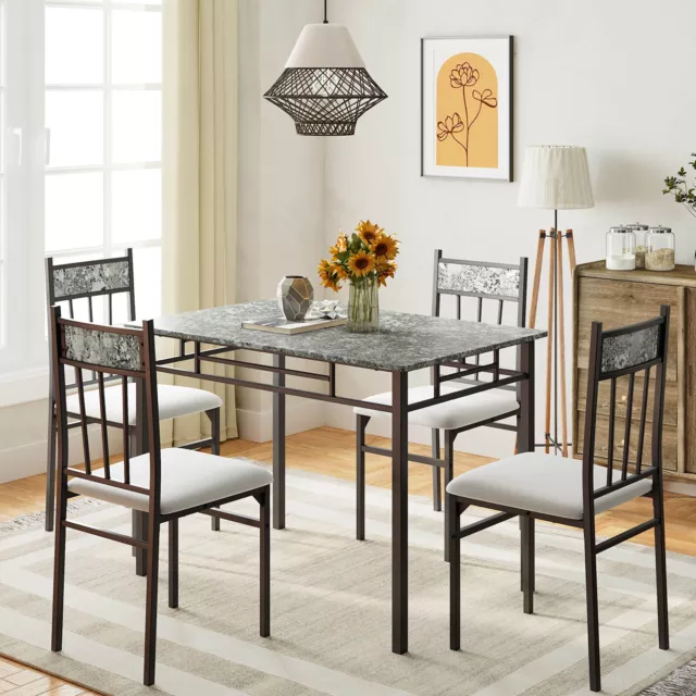5Pcs Dining Table Set Faux Marble Top Table & 4 Padded Seat Chairs Metal Legs