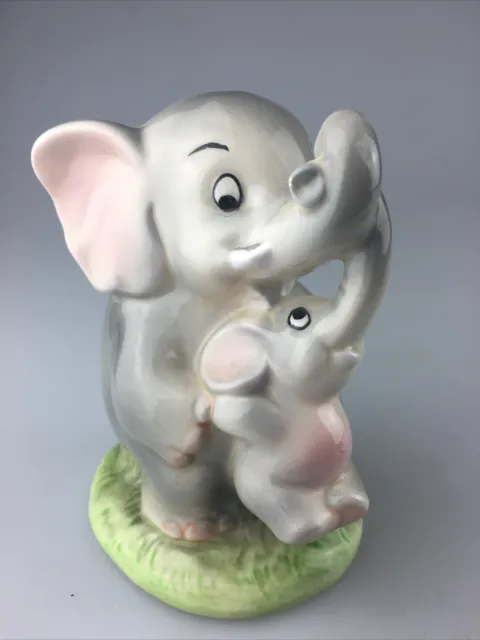 VTG Happy Mommy Elephant & Baby 5” Ceramic Coin Bank Japan Ceramic Trunks Up Fun
