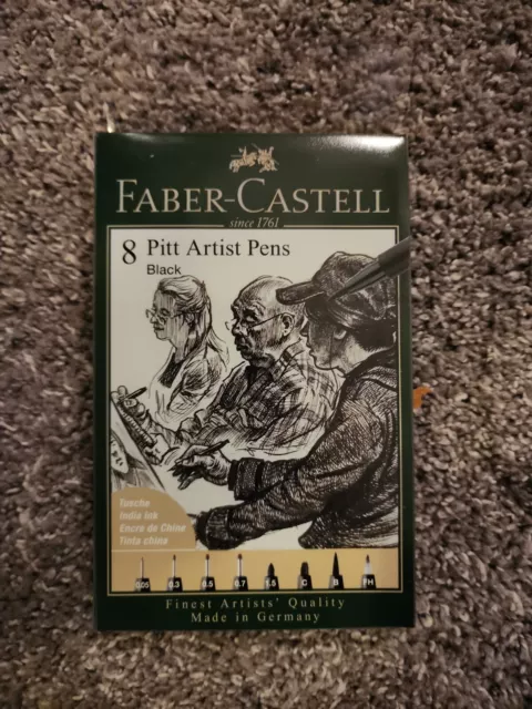 Faber Castell Pitt Artist Pens, Black India Ink, 8 Piece Set, Assorted Sizes