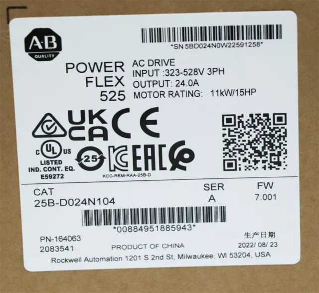 Allen-Bradley 25B-D024N104 PowerFlex 525 11kW 15Hp AC Drive Ser A AB 25BD024N104