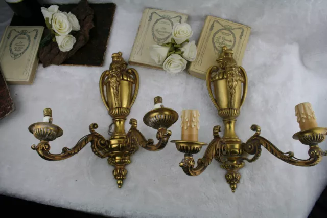 PAIR antique FRENCH bronze gold gilt wall lights sconces satyr devil heads 1925 2