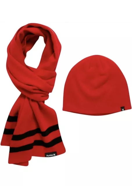 NWT HURLEY Hat & Scarf Set 2 PC New Yorker Winter Beanie Red Black Stripe - Team