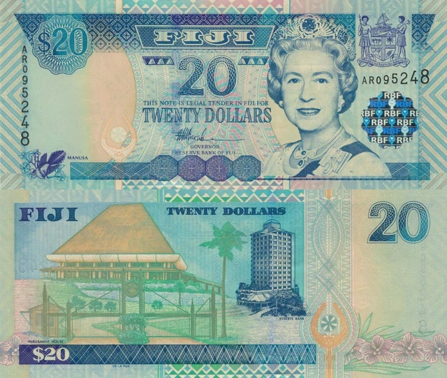 Fiji 20 Dollars (ND/2002) - QEII/Parliament/Bank of Fiji Building, p-107a UNC