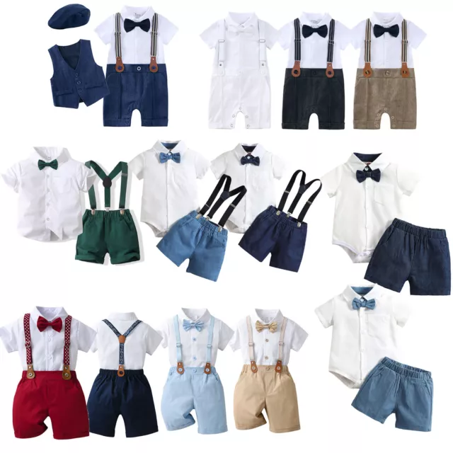 Baby Boy Wedding Party Gentleman Suit Short Sleeve Romper Tuxedo Outfits Pants