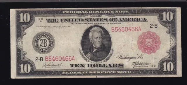 US 1914 $10 FRN New York District Red Seal FR 893b VF (466)