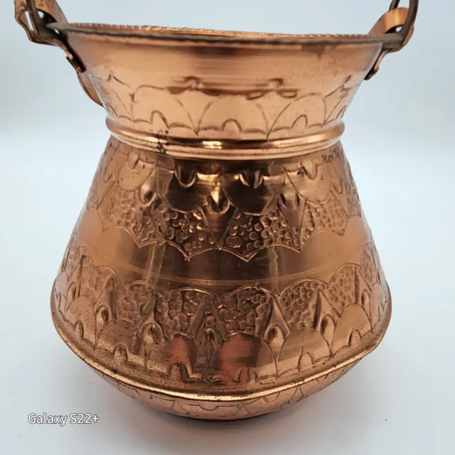 Vintage ALBANIA COPPER HANDMADE HAMMERED PAIL With Handle Hand Decorated