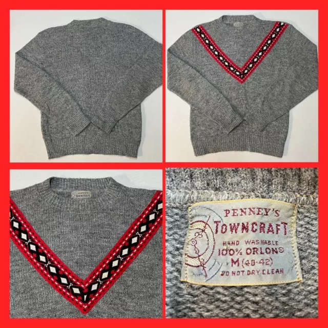 Vintage Pre-1963 Penney’s Towncraft Orlon Ski Sweater Women M 40-42 Gray Red EUC