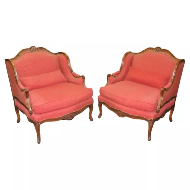 Fine Pair Carved Walnut French Louis XV Style Bergere Chairs Marquis Circa 1960s