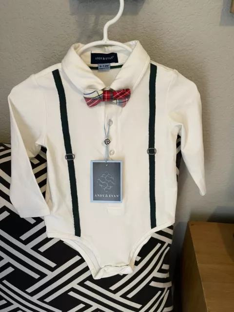 NWT Andy& Evan Suspenders Creeper Size 9-12 Months White Removable Plaid Bow tie