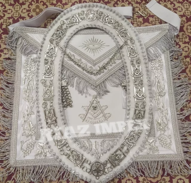 Masonic Regalia Past Master White Apron Hand Embroidered And Chain Collar Silver