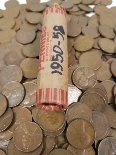 13206 Roll Of 50 Wheat Pennies Lincoln Cents Coins 1950-1958 Over 65+ Years Old!