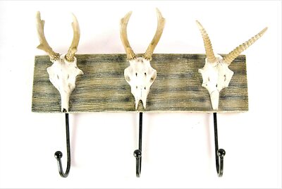 Appendiabiti TESCHIO di Cervo montato Trophy Design Corno Corna Muro Appeso Triplo Gancio 