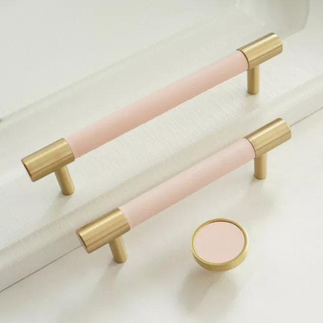 Pink Leather Cabinet Door Handles Dresser Drawer Knobs Pulls Solid Brass Pulls