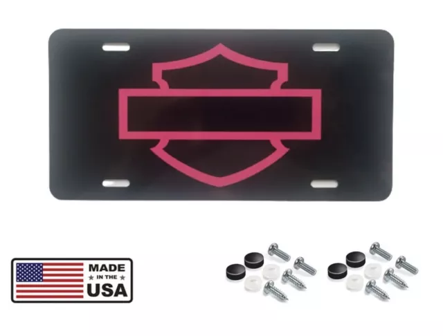 Harley Davidson Bar and Shield Gloss Black aluminum license plate, Pink Logo